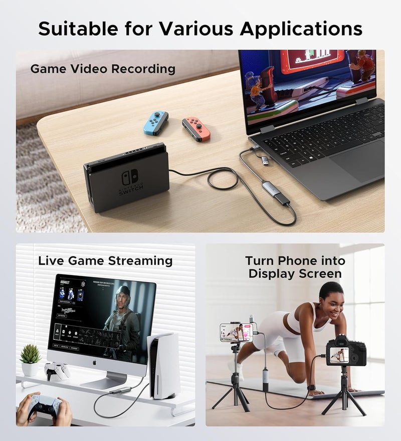 Warrky بطاقة التقاط الفيديو، HDMI إلى USB 3.0 A وجهاز التقاط USB C، إدخال 4K 1080P 60FPS مع زمن انتقال منخفض للبث وتسجيل الألعاب، متوافق مع iPad وQuest 3 وPS5/4 وSwitch2/1 والكاميرا - Image 5